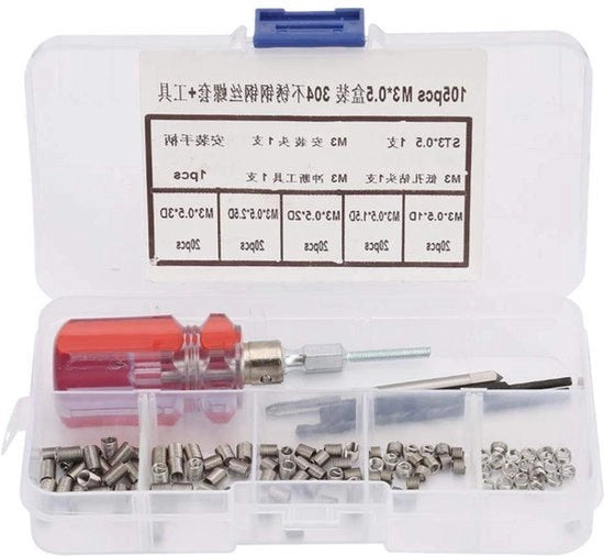 Set di riparazioni a spirale in acciaio inossidabile 105 pezzi - conghiatore a vite M3 - set di attrezzi - inclusa confezione M3*0.5.