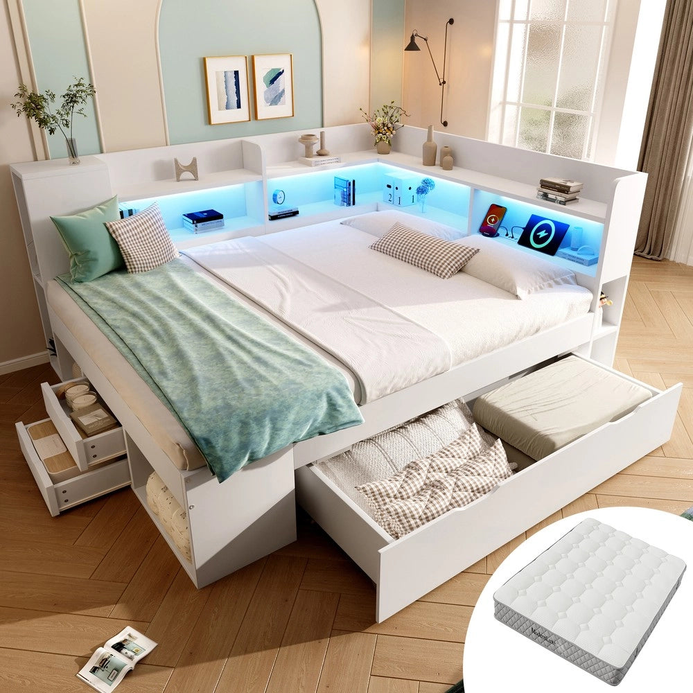 Letto Contenitore 140x200 con LED, USB, Cassetti e Rete a Doghe ¨C Xylo ¨C Bianco, con Materasso