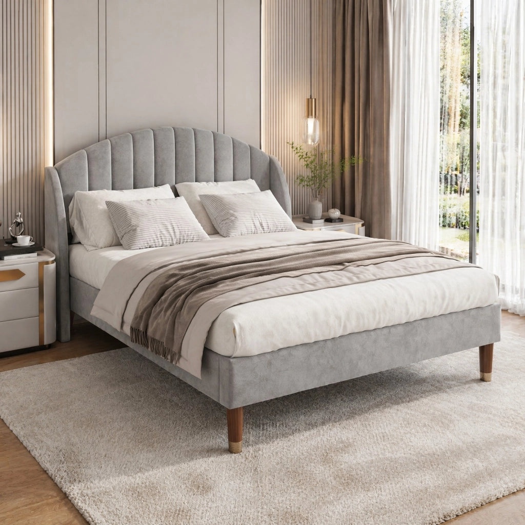 Letto imbottito 140x200 cm con testiera e rete a doghe; in velluto grigio
