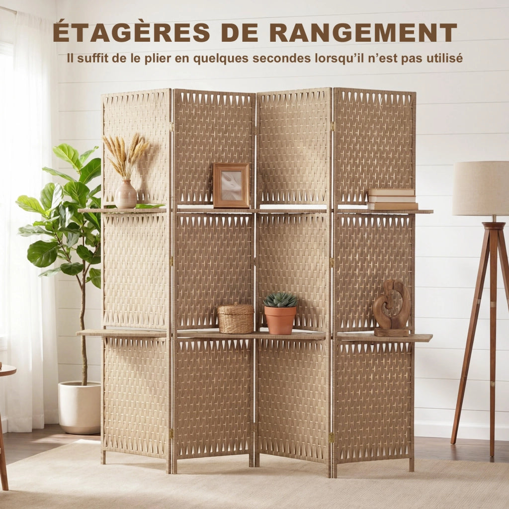 Libreria divisorio ¨C zephmum ¨C 4 pannelli 2 ripiani pieghevoli naturale paglia