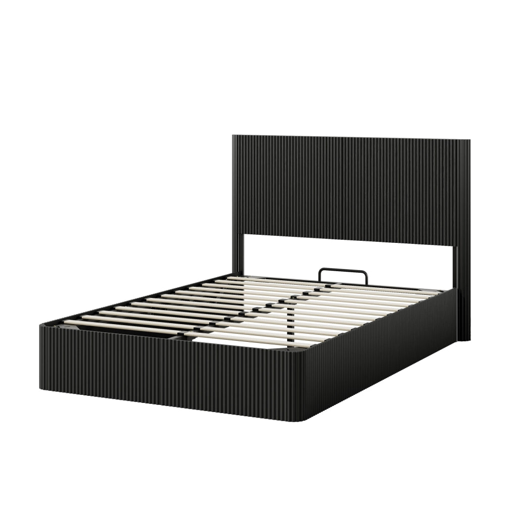 Letto 140x200 cm con contenitore e sollevamento idraulico in MDF e metallo nero