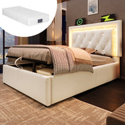 Letto 90x200 cm in velluto beige con LED; USB Type-C; contenitore e materasso