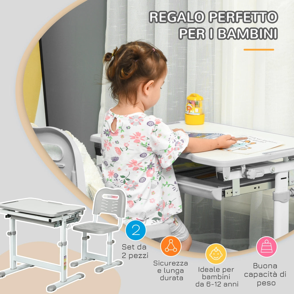 Scrivania Bambini con Sedia e Altezza Regolabile ¨C Zephmum ¨C Grigio, Legno, 66x47x52-77 cm