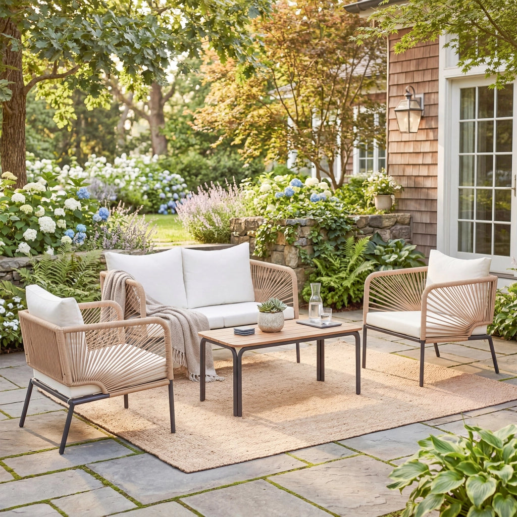 Set Giardino 4 Posti con Divano 2 Posti, 2 Poltrone e Tavolo ¨C Zephmum ¨C Grigio Polyrattan Textilene 135x85x75
