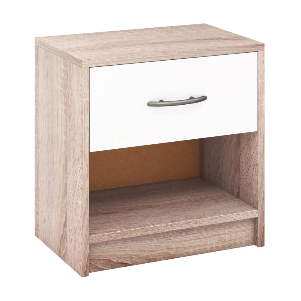 Comodino compatto 38,5 x 28 x 40,5 cm con cassetto e ripiano aperto design moderno in legno precomposto naturale e bianco 20_0013944
