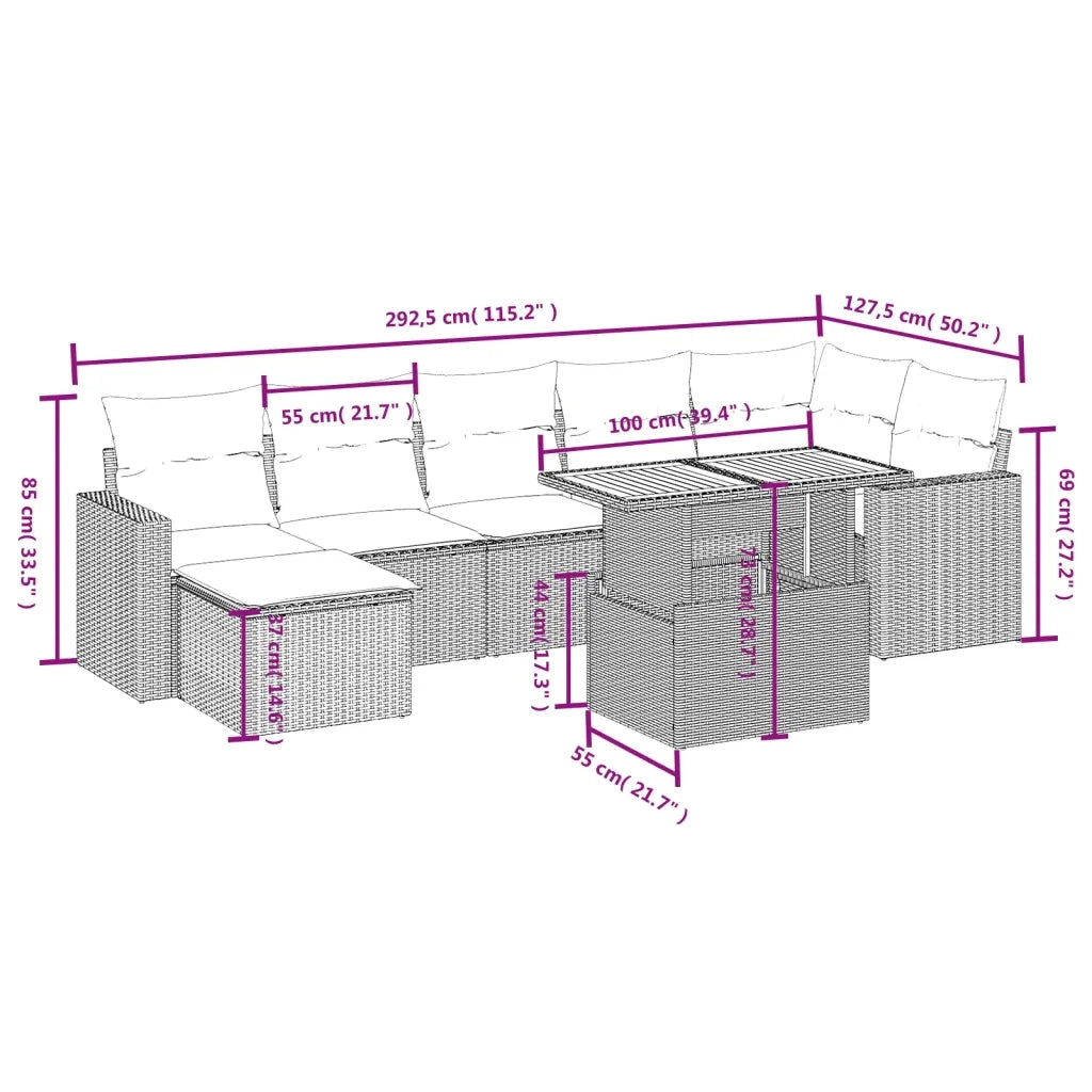 Set Divano da Giardino 8 pz con Cuscini Beige in Polyrattan