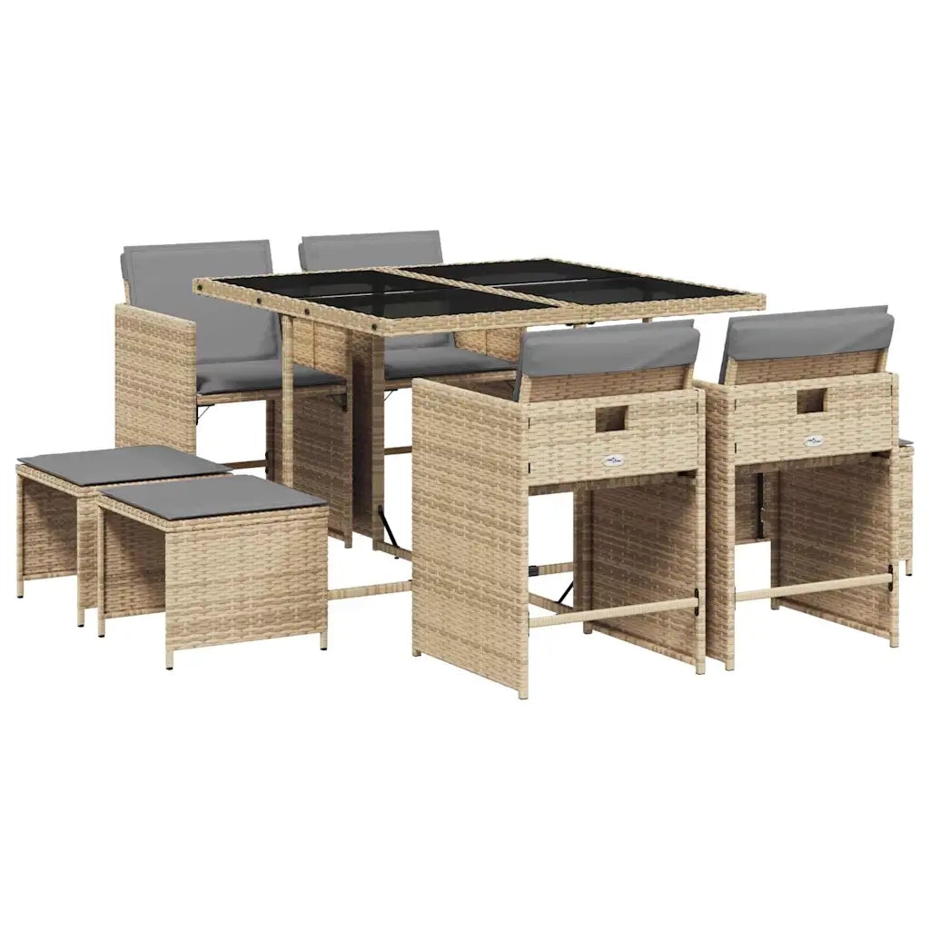 Set Pranzo da Giardino 9 pz | Set Salotto da Giardino con Cuscini Beige Misto Polyrattan