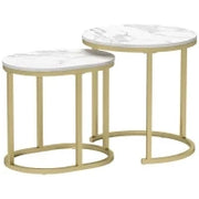 Set 2 Tavolini da Caffè con Piano Effetto Marmo, in Legno e Acciaio, Ø50x50.5 cm e 60x36x43.5 cm, Bianco