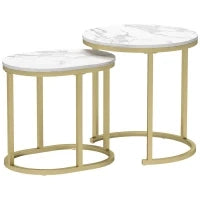 Set 2 Tavolini da Caffè con Piano Effetto Marmo, in Legno e Acciaio, Ø50x50.5 cm e 60x36x43.5 cm, Bianco