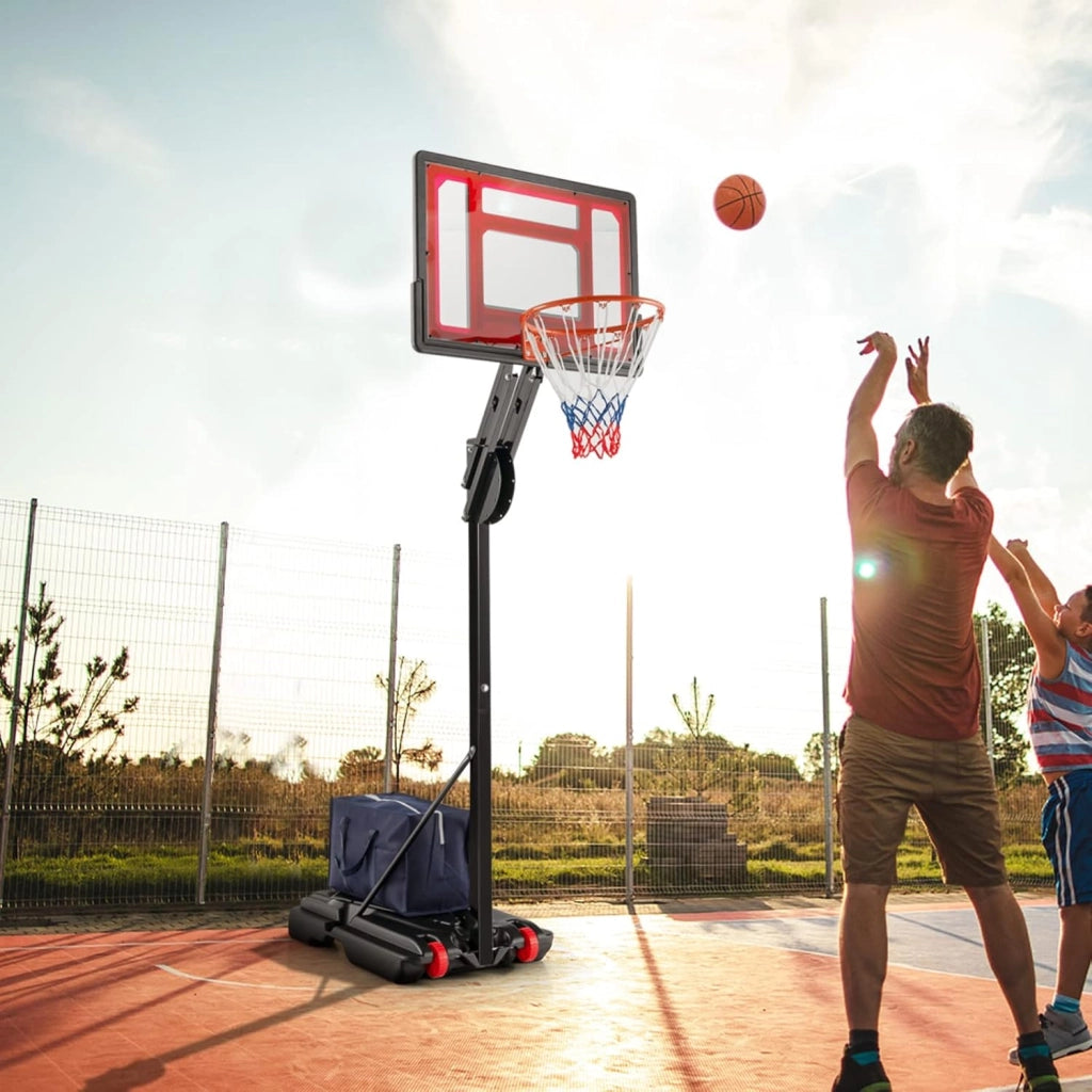 Canestro da Basket da Esterno ed Interno, Canestro da Basket Regolabile a 10 Livelli e Portatile, con Tabellone da 82cm, 2 Ruote e Borsa, per Tutte le Condizioni Atmosferiche