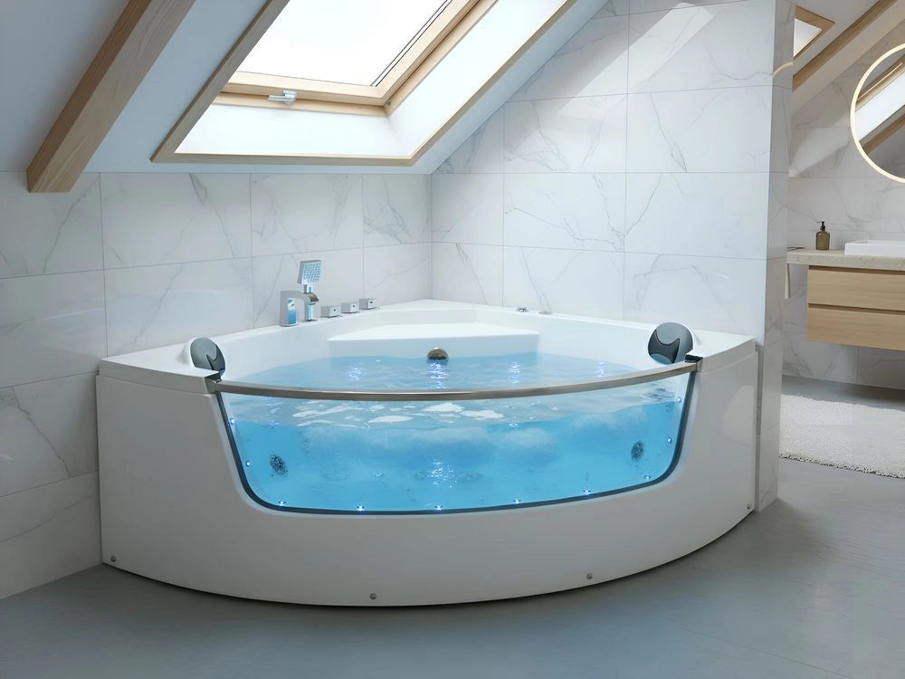 Vasca idromassaggio angolare in acrilico bianco con accessori in acciaio inox 2100 x 1480 mm SPA con getti idromassaggio LED e poggiatesta