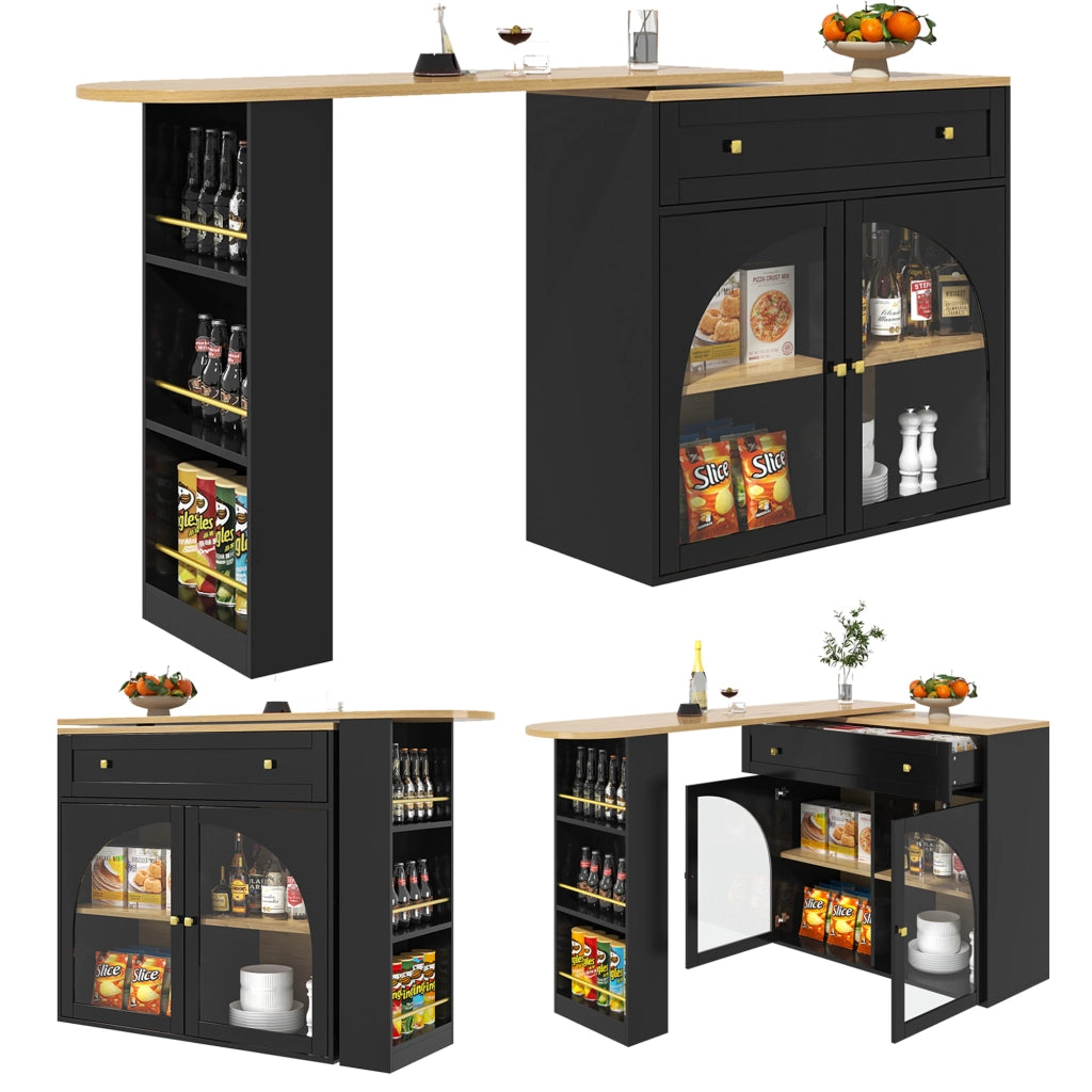 Tavolo da pranzo allungabile con scaffale laterale a 3 ripiani e ante in vetro girevole per cucina 138-204x39x104 cm