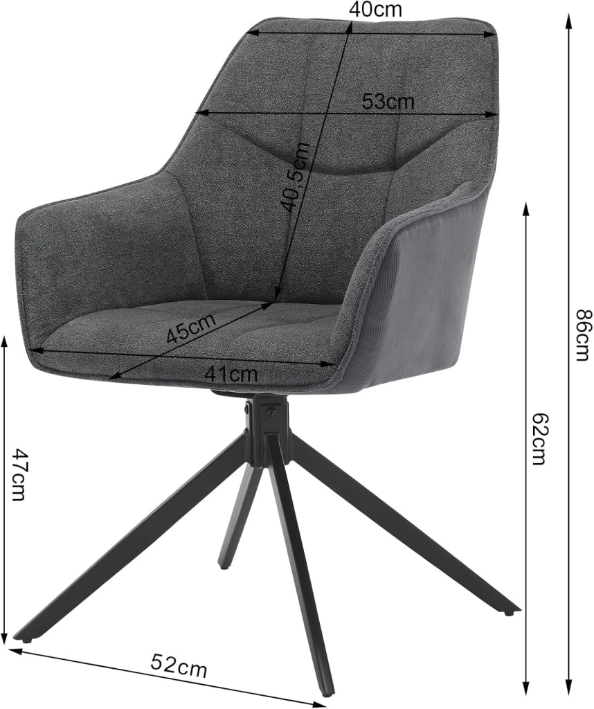 Sedia da Pranzo con Braccioli, Poltroncina con Gambe in Metallo, Sedia da Cucina con Schienale e Seduta Girevole, per Salotto, Studio, in Ciniglia e Velluto a Coste, Grigio Scuro, EZS08dgr-1