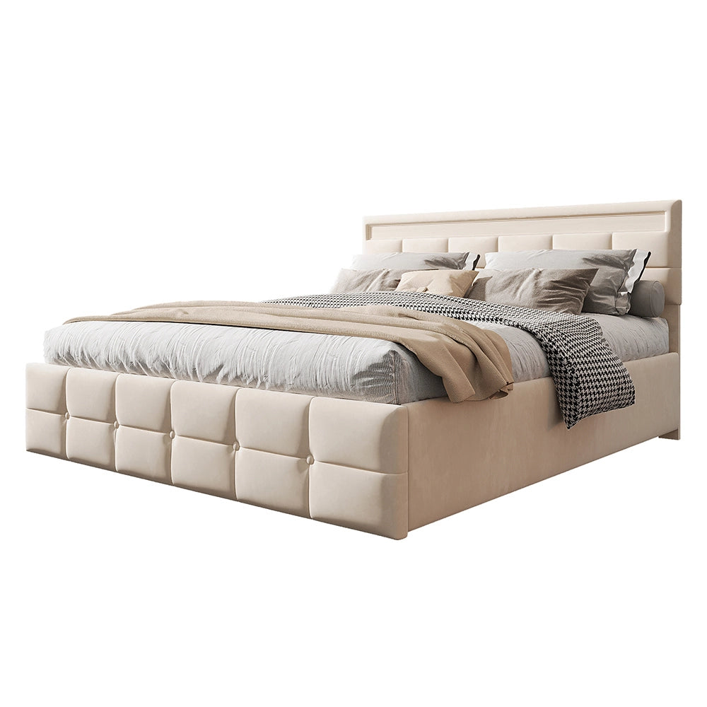 Letto 180x200 cm con LED e contenitore - Xylo - Idraulico, doghe, beige
