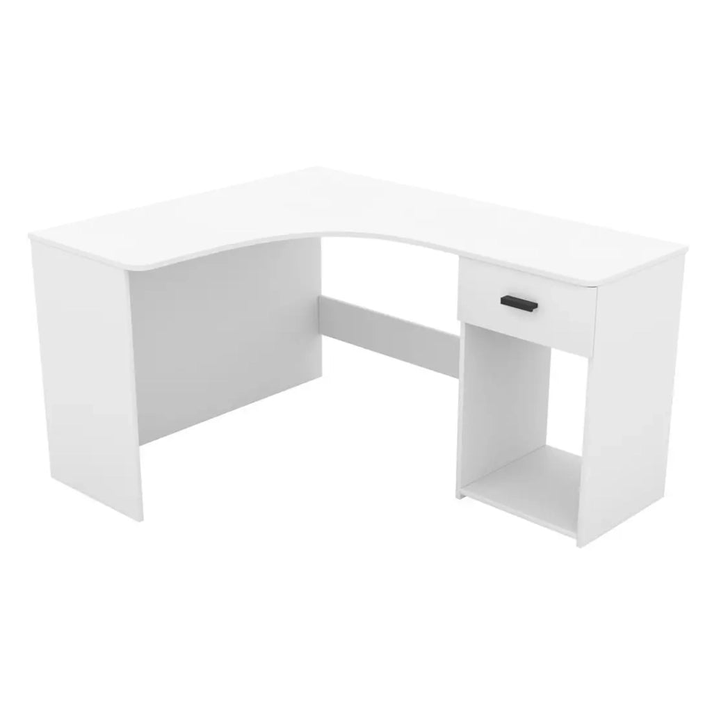 Scrivania ad angolo LOUANE - Bianco opaco - Design moderno con cassettiera e vano portaoggetti