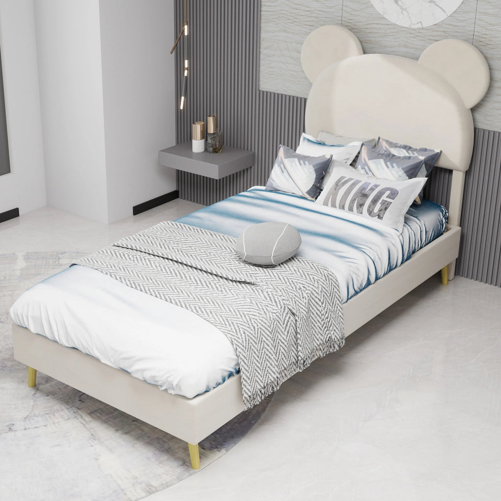 Letto Singolo 90x200 cm; Contenitore; Testiera Sagomata; in Tessuto e Metallo; Beige
