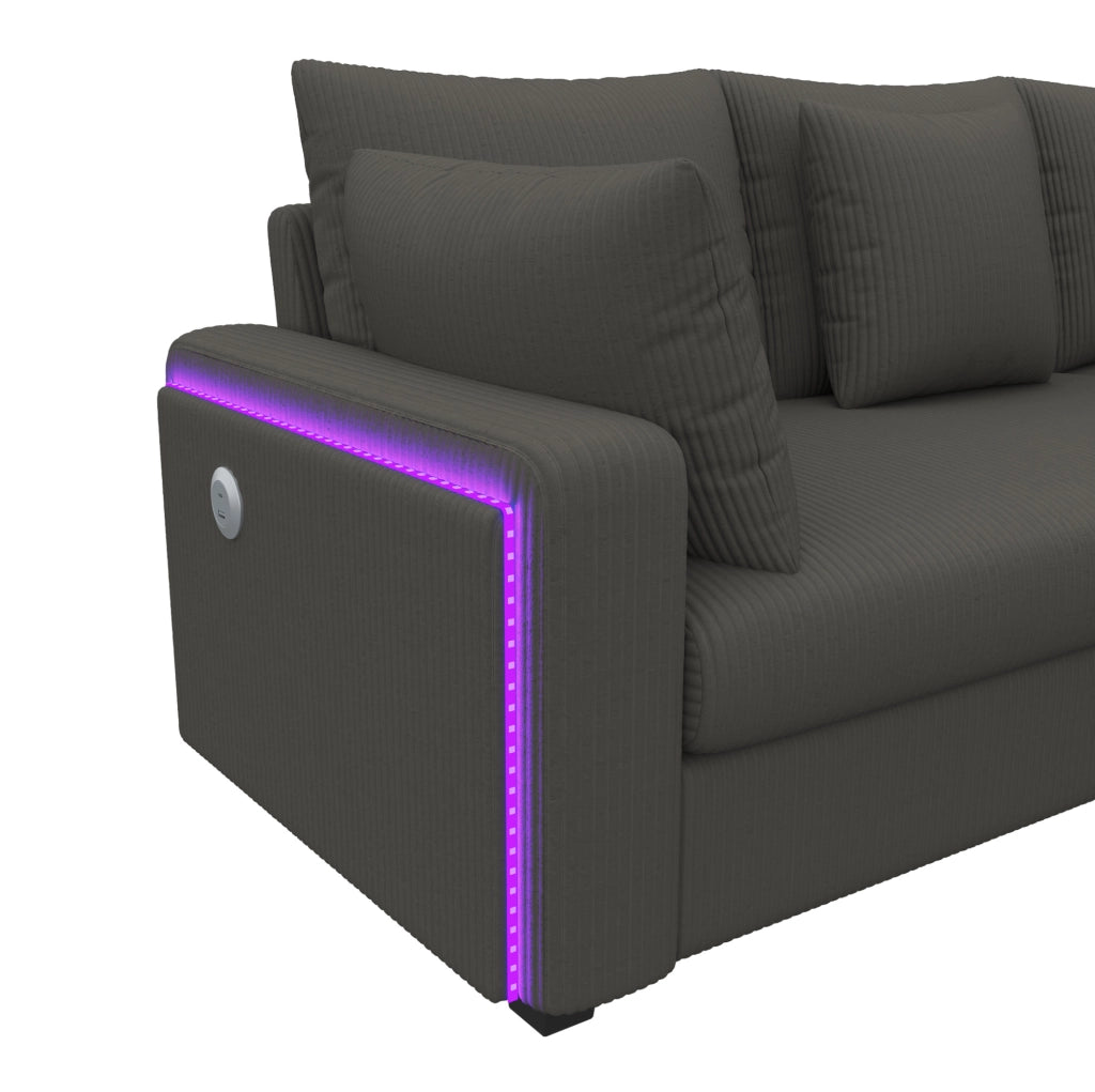 Divano angolare modulare con LED Bluetooth; USB e USB-C; in velluto a coste grigio; 198×198 cm
