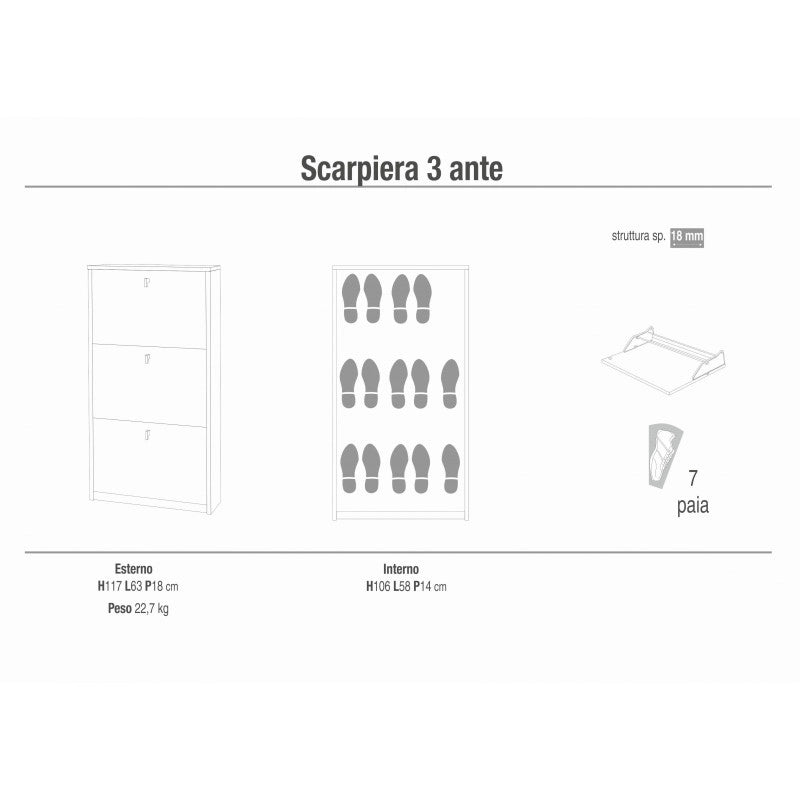Scarpiera 3 Ante 63L x 18P x h117 – Finitura Cemento – Sarmog