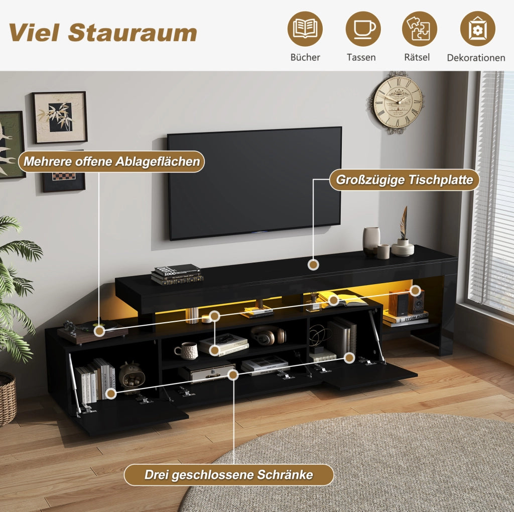 Mobile TV nero lucido con LED, 3 ante e vani aperti, 192x37x53 cm