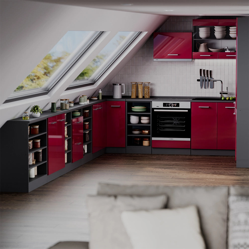 Mobile cucina sottotetto R-Line Rosso lucido/Antracite 60 cm con 2 porte, carcassa 60 cm profondità Vicco