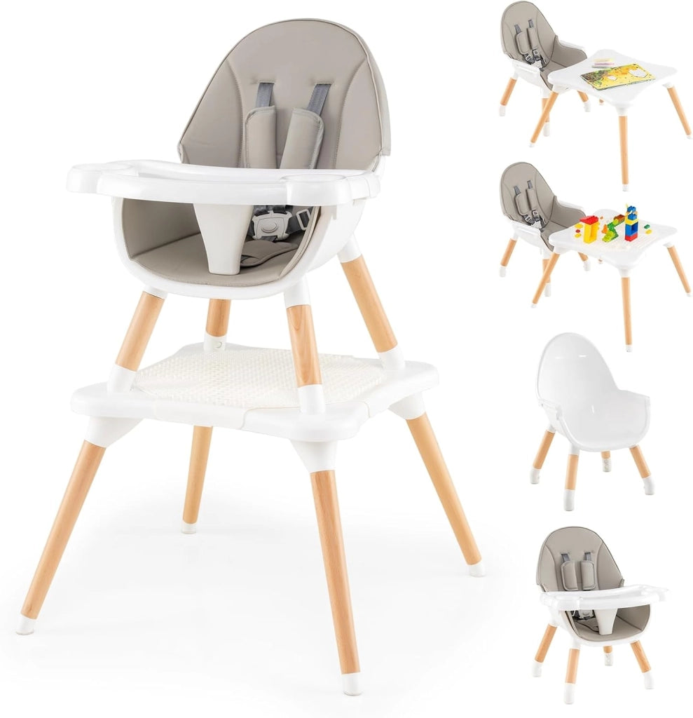 6-in-1 Seggiolone per Neonati, Seggiolone Prima Pappa, Tavolo e Sedia Convertibile per Bambini, Imbracatura di Sicurezza, Vassoio Rimovibile, per Bambini 6-36 Mesi (Grigio+Bianco)