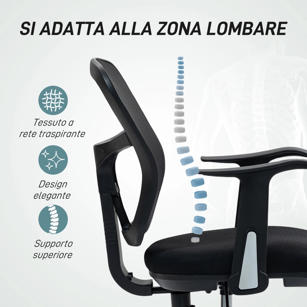 Sedia Girevole con Anello Poggiapiedi e Schienale Ricurvo, in Poliestere, Schiuma e Plastica, 55x58x94 cm, Nero