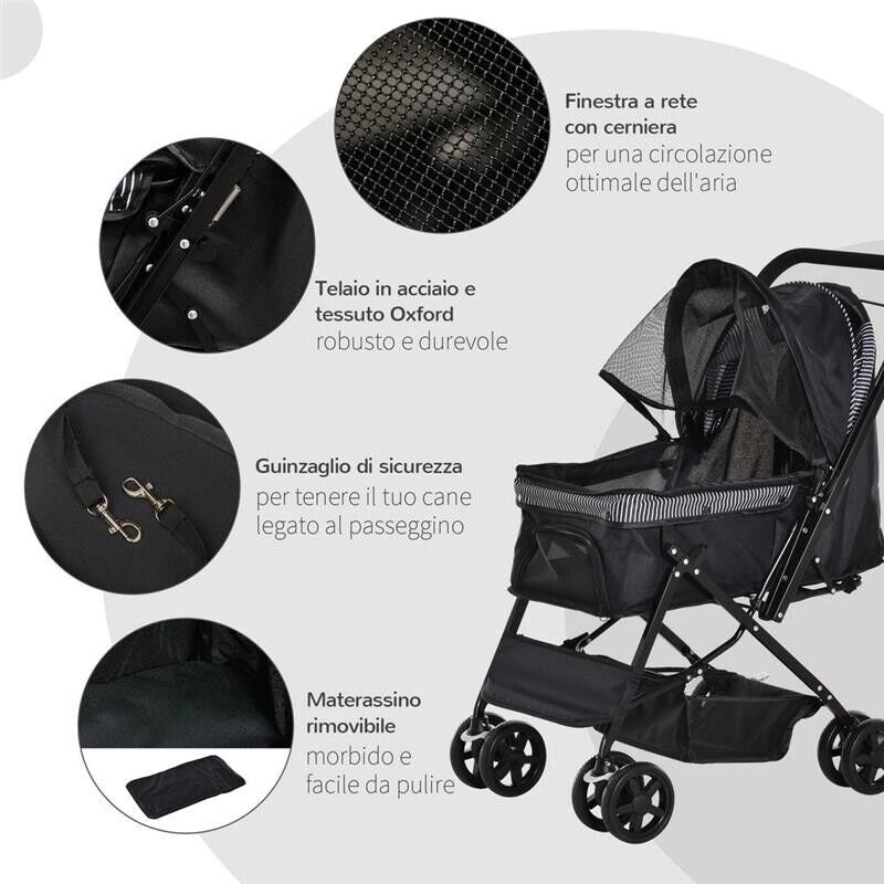 PASSEGGINO PER CANI PICCOLI PIEGHEVOLE CON MANIGLIONE GIREVOLE E CESTINO PORTAOGGETTI, NERO