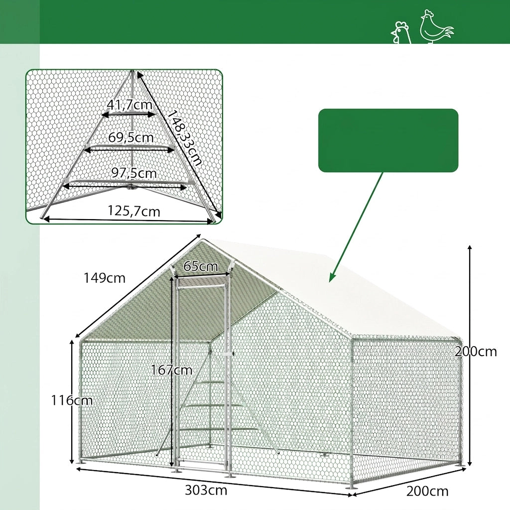 Pollaio in Metallo 3×2×2 m con Scala per Galline; Voliera da Esterno con Tetto Impermeabile UV e Ampio Recinto Sicuro