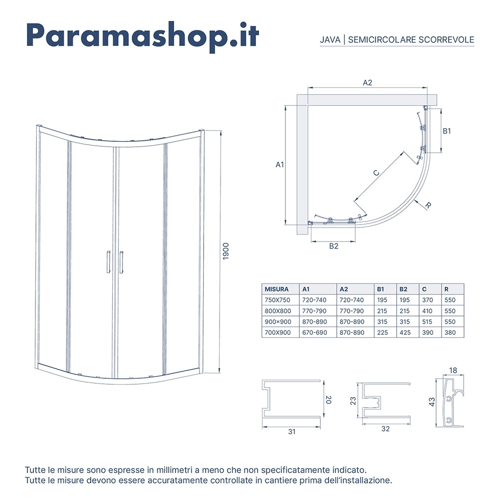 Box doccia 75x75cm semicircolare apertura scorrevole cristallo 6mm trasparente | Java