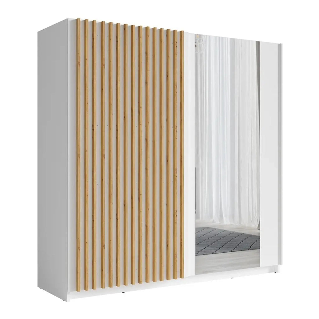 Armadio con 2 porte scorrevoli con specchio 200 cm - bianco e rovere - Collezione STRANO