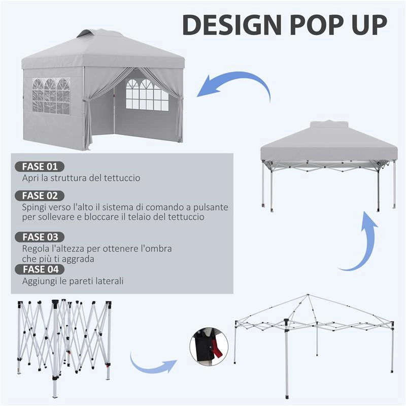 GAZEBO PIEGHEVOLE 3X3 M CON ALTEZZA REGOLABILE SU 3 LIVELLI FINESTRE E BORSA DI TRASPORTO GRIGIO CHIARO