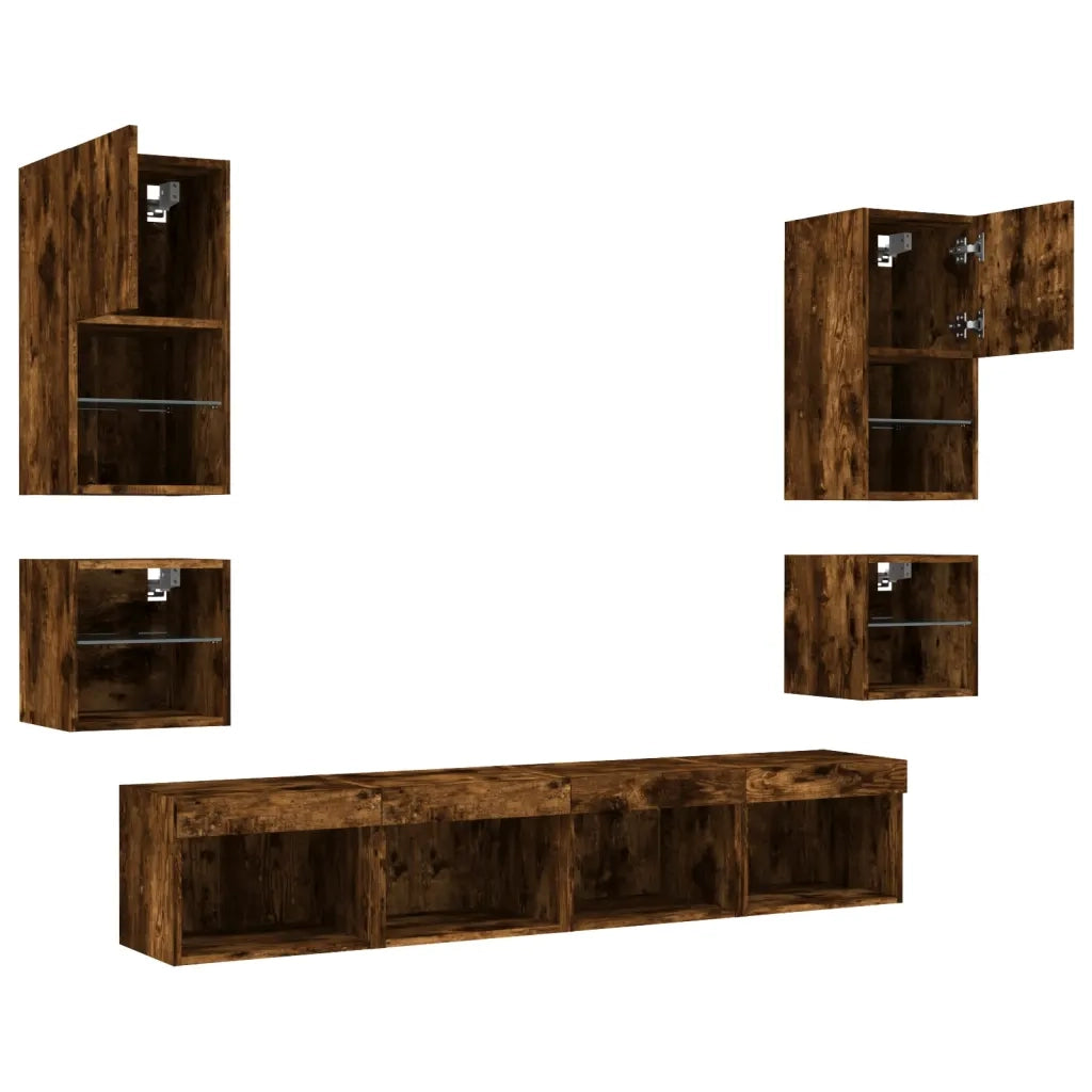 Mobili TV a Muro con LED 8pz Rovere Fumo in Legno Multistrato 3216594