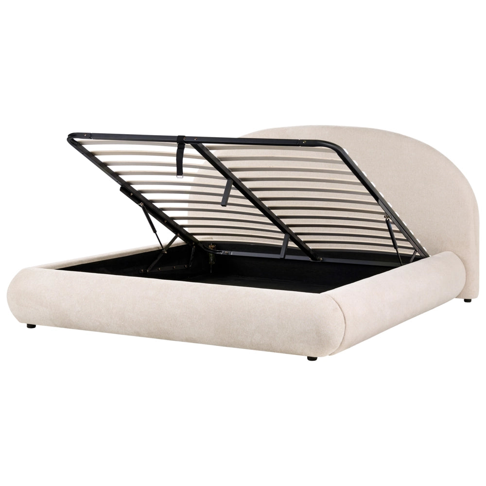 Letto in tessuto beige chiaro 180 x 200 cm con testiera imbottita rete sollevabile e vano contenitore