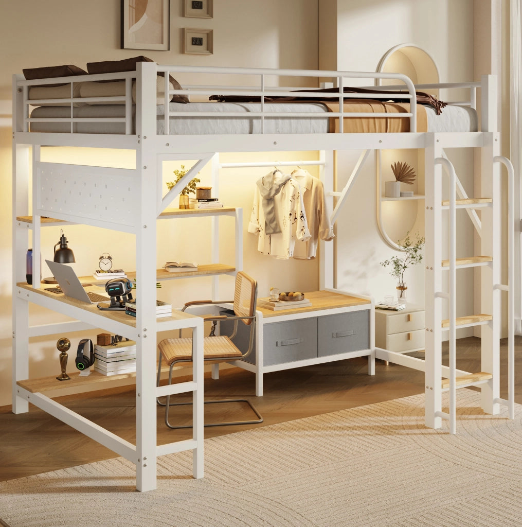 Letto a castello 140x200 cm in metallo e MDF con scrivania; LED; USB e contenitori; bianco