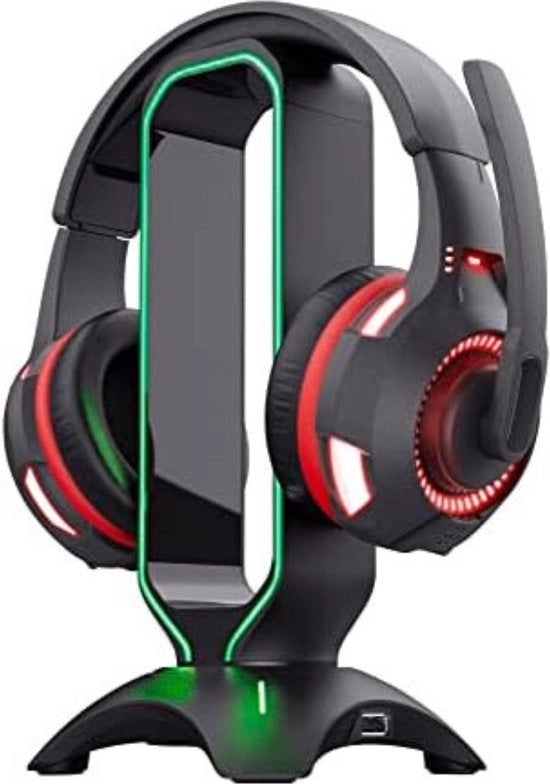 Accessori per gaming per ufficio - Stand per cuffie RGB, 2 porte USB, stand per cuffie con illuminazione LED, piedini antiscivolo, progettazione universale - Nero
