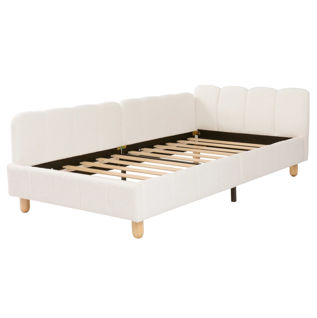 Letto per bambini in tessuto boucl¨¦ beige con testiera imbottita e braccioli