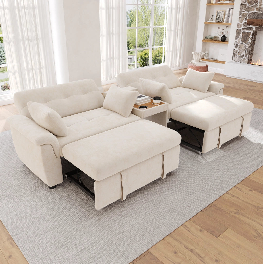 Divano letto multifunzionale beige con modulo centrale e schienale regolabile