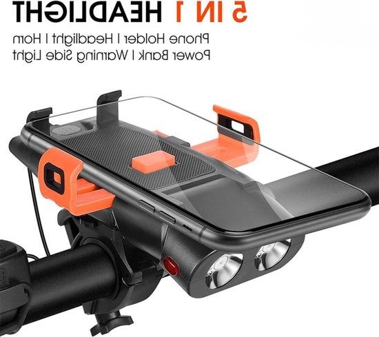 Lampada a LED ricaricabile per bicicletta e mountain bike - 5-in-1 supporto per smartphone - clacson integrato - forte lampada anteriore 500 lm - powerbank 3000 mAh - illuminazione di emergenza laterale - sicurezza - illuminazione all'aperto