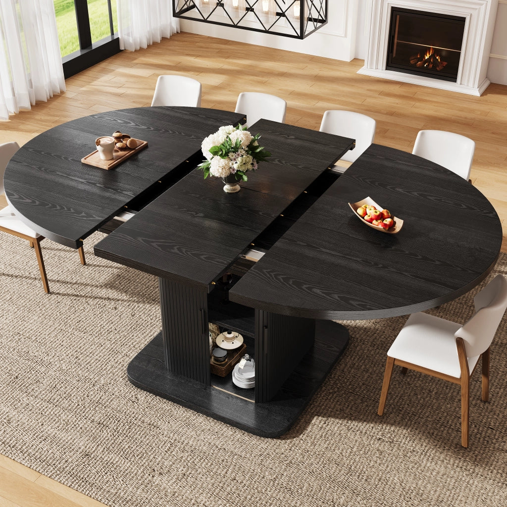 Tavolo da pranzo estensibile ovale con vano contenitore; ante scorrevoli e ripiano rimovibile; per sala da pranzo; nero