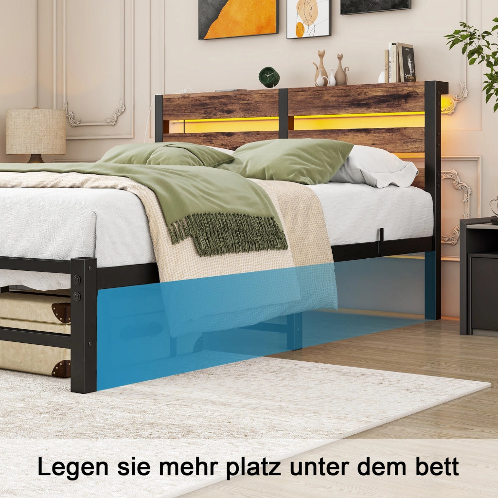 Letto una piazza e mezza 120×200 cm con LED; 2 USB e ripiano testiera; senza materasso; metallo e legno; nero marrone