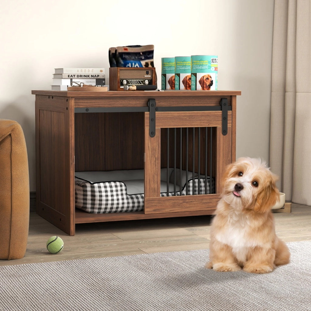 Cuccia per cani gabbia in legno con ampio piano superiore e porta scorrevole, Cuccia moderna di piccola Marrone-Casette e lettini