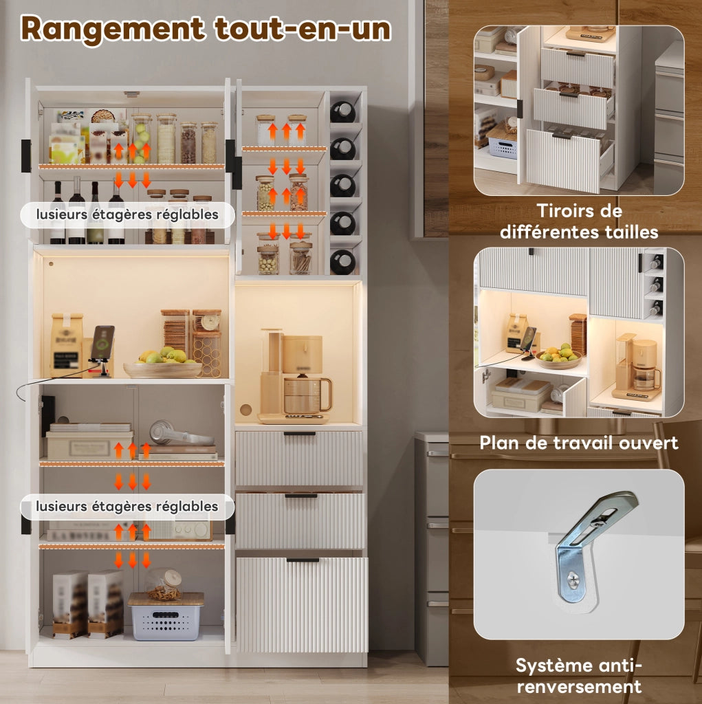 Credenza da cucina moderna 180x105x40 cm in MDF bianco con LED multicolore; prese e portabottiglie