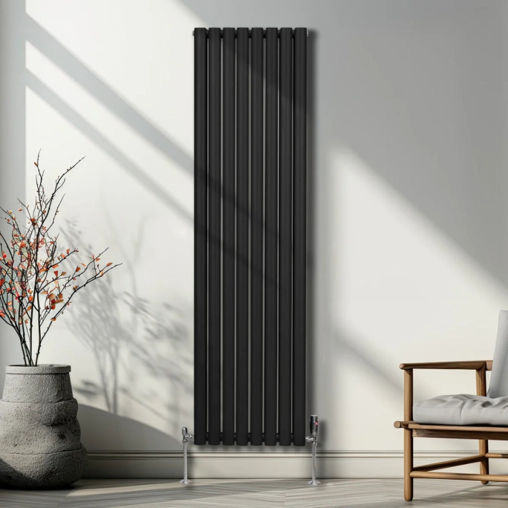 Radiatore a colonna ovale e valvole cromate TRV Designer Nero 1800mm x 480mm