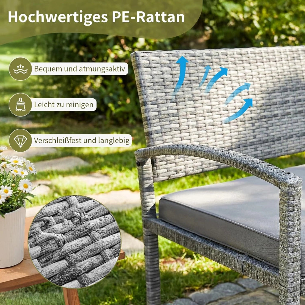 Panca da giardino, resistente alle intemperie, con cuscino, 2 posti, in polyrattan, portata 320 kg, accogliente mobili da giardino per esterni, 122 x 60 x 90 cm, per balconi, giardini