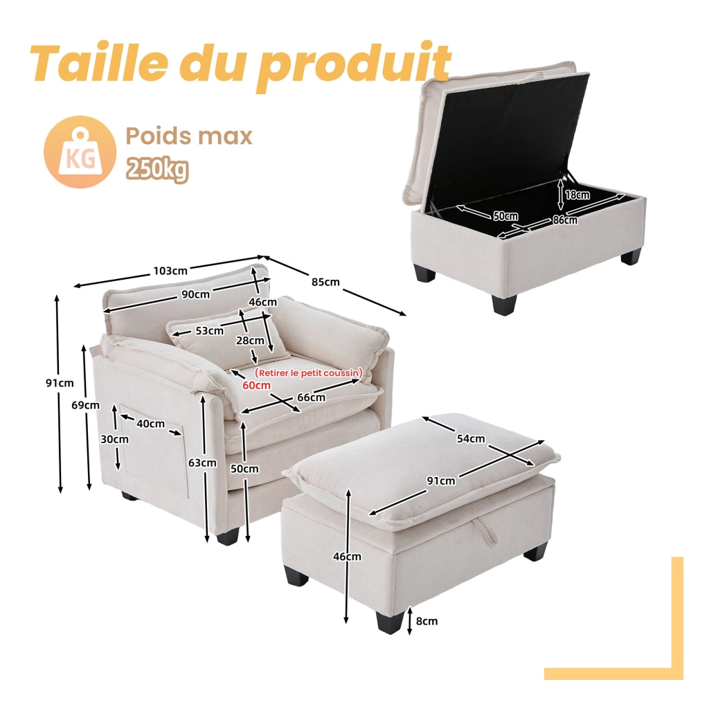 OKWISH Poltrona con Poggiapiedi, Seduta Ampia con Vano Contenitore e Tasca Laterale, Schienale Imbottito, Ciniglia Beige