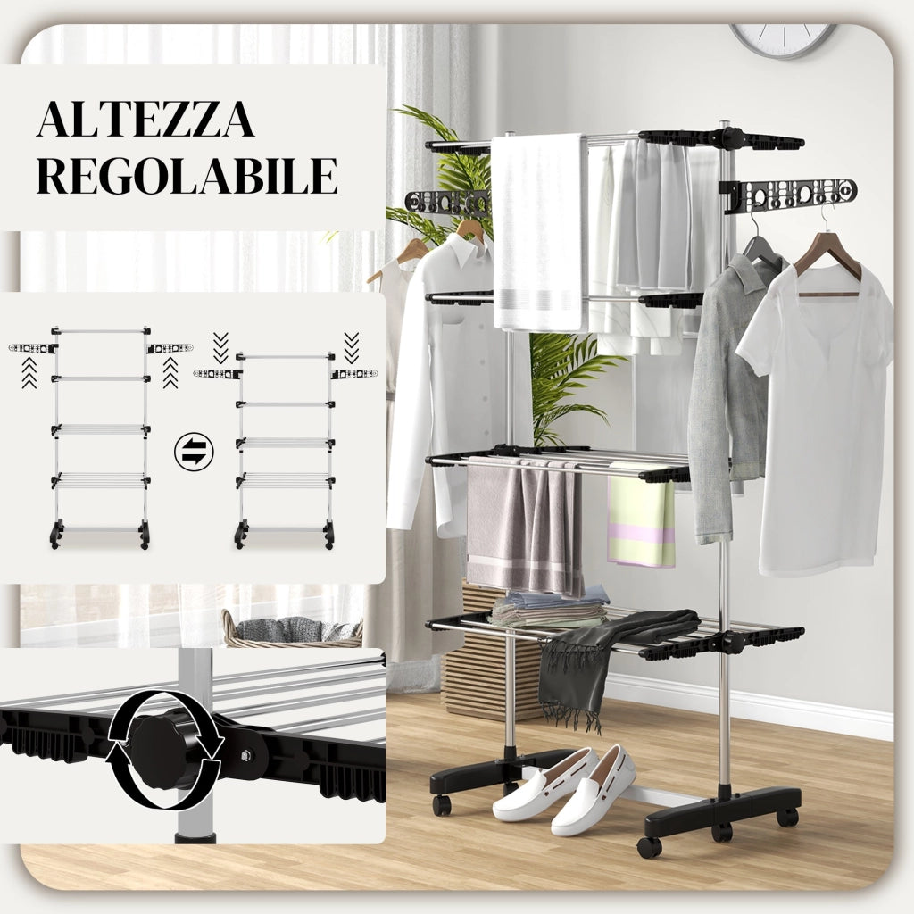 Stendino Verticale 4 Ripiani Regolabili 142x55x172 cm in Acciaio e Plastica Nero e Argento