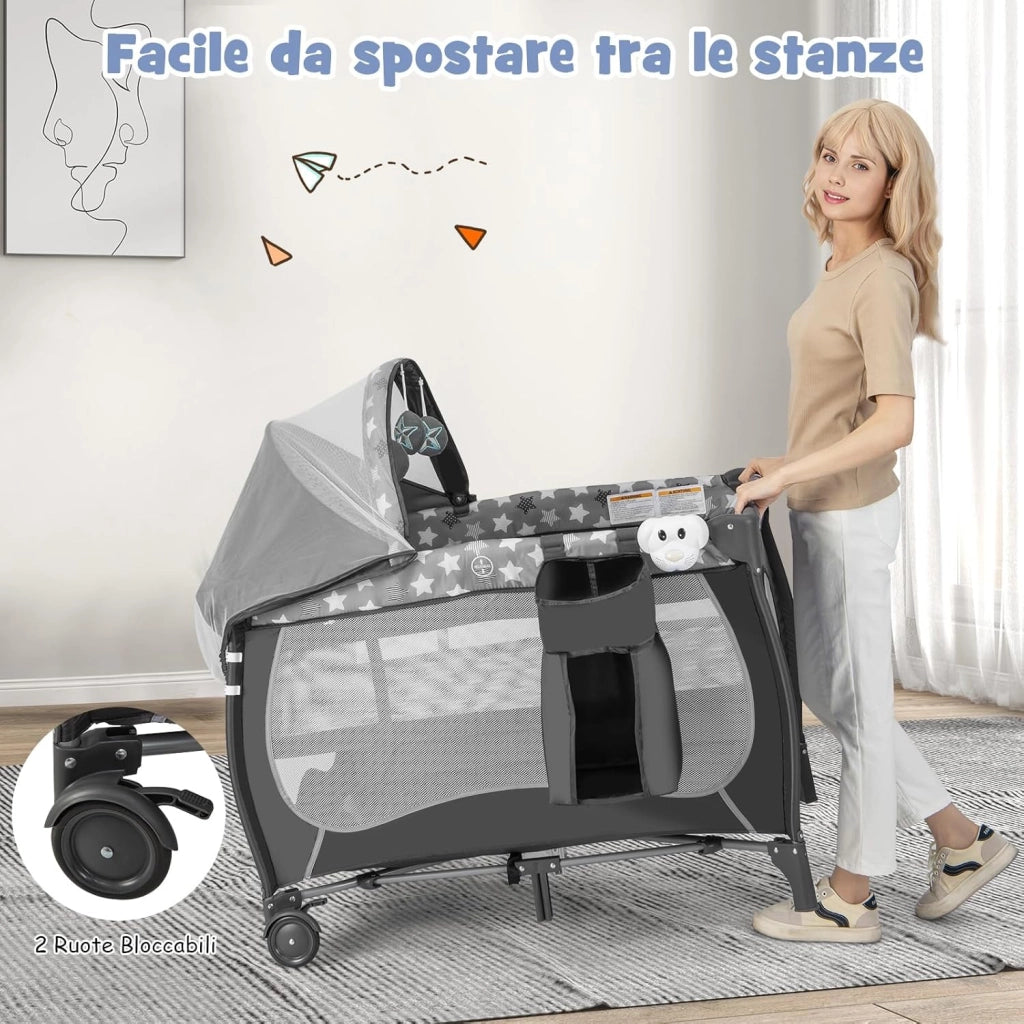5 in 1 Lettino da Campeggio con Materasso, Lettino Neonato da Viaggio Pieghevole, Box Bambini Portatile con Borsa, Zanzariera, per Bambini 0-36 Mesi (Stella Grigia)