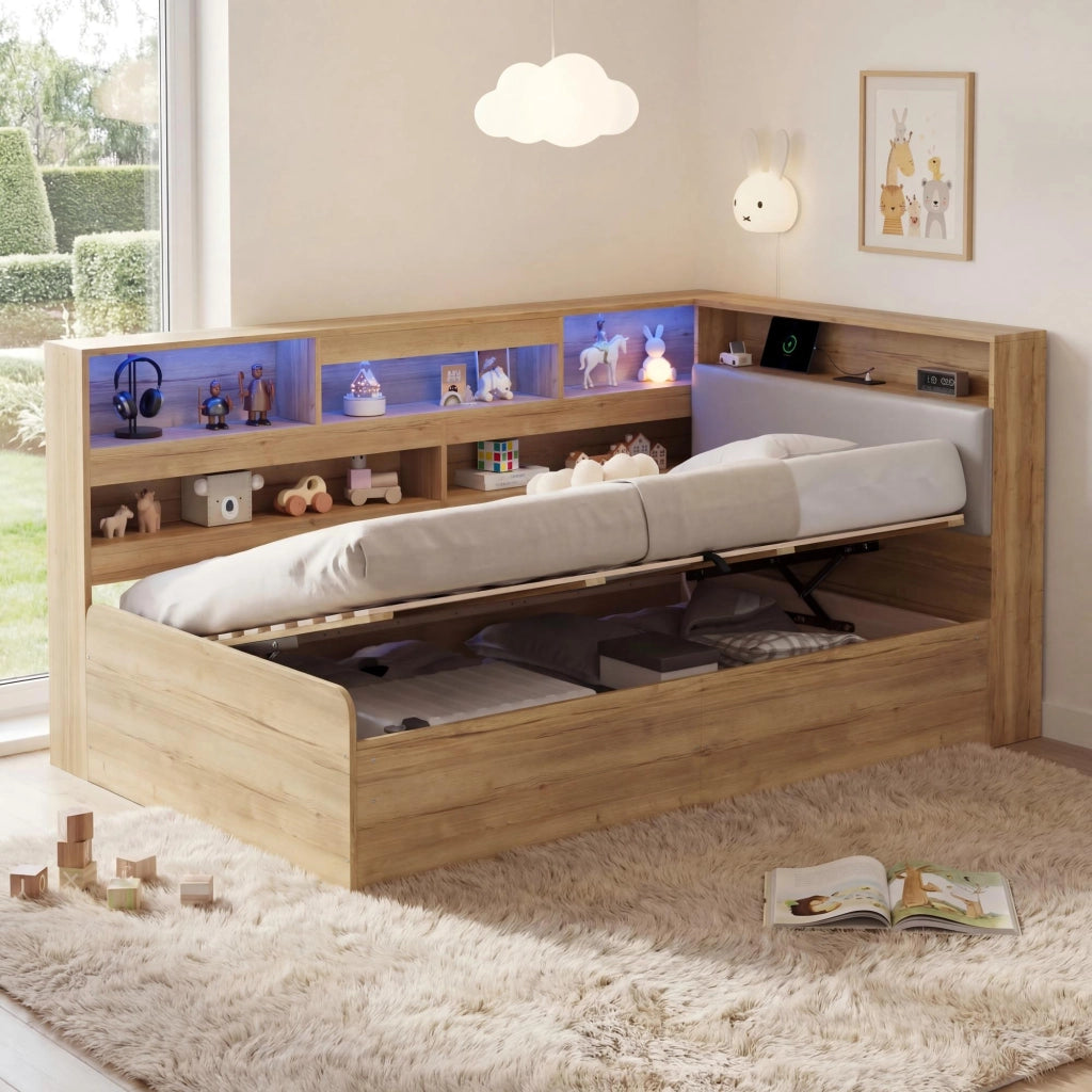 Letto Singolo Contenitore Idraulico con LED e USB ¨C MINIMAL ¨C Legno 90x200 Naturale