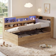 Letto Singolo Contenitore Idraulico con LED e USB ¨C MINIMAL ¨C Legno 90x200 Naturale