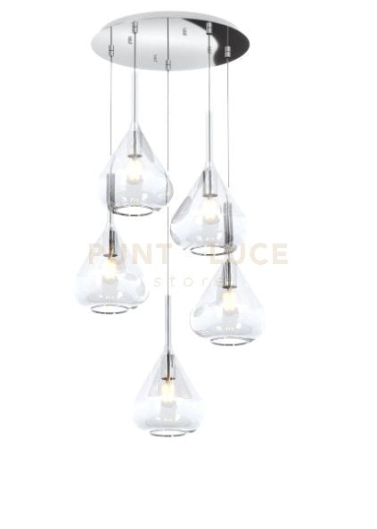 SOSPENSIONE CROMO 5 LUCI TONDA VETRI TRASPARENTE 1177CR-S5 T-TR